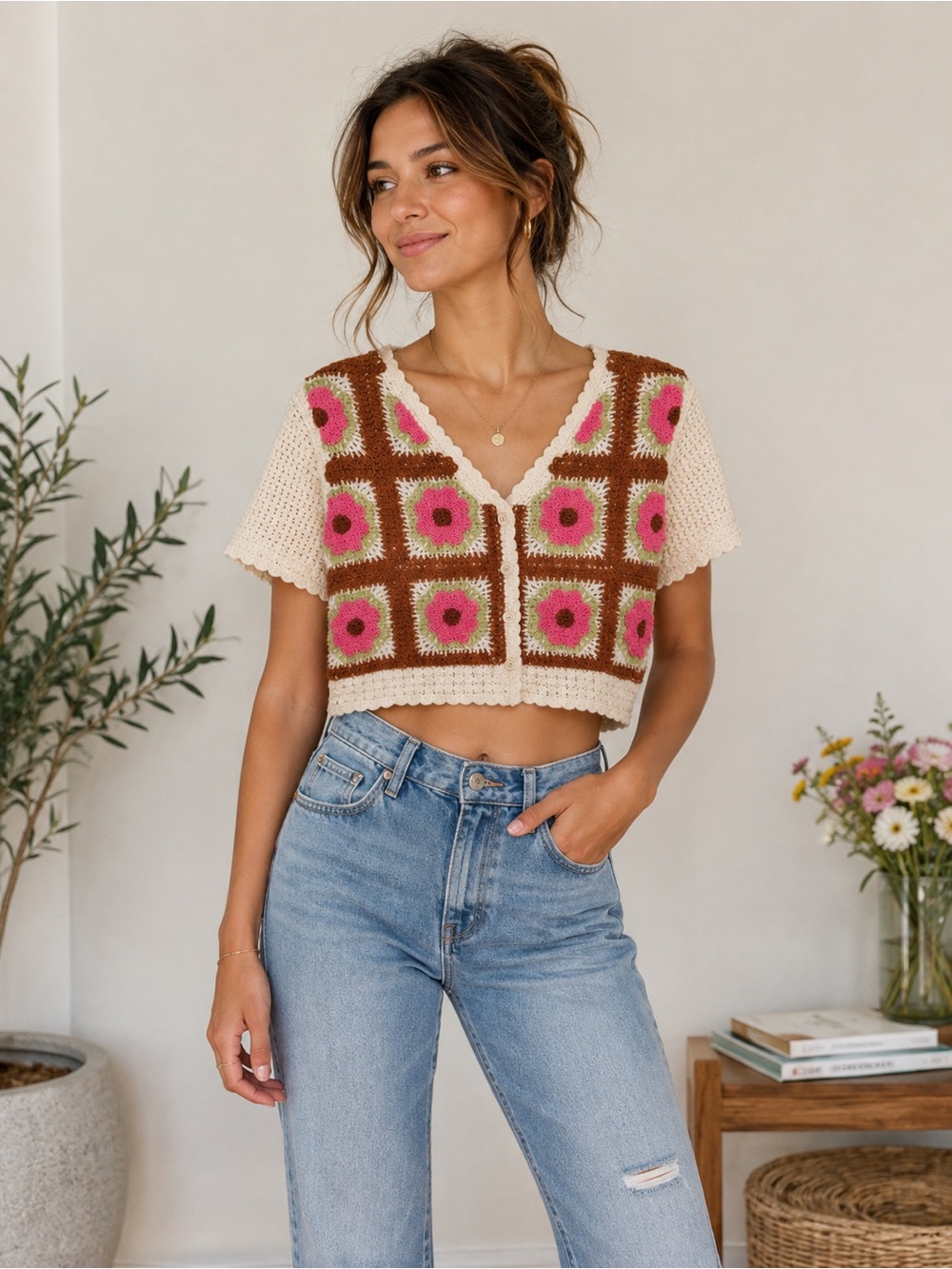 Crochet Floral Crop Top - Pink & Brown NWT Small
